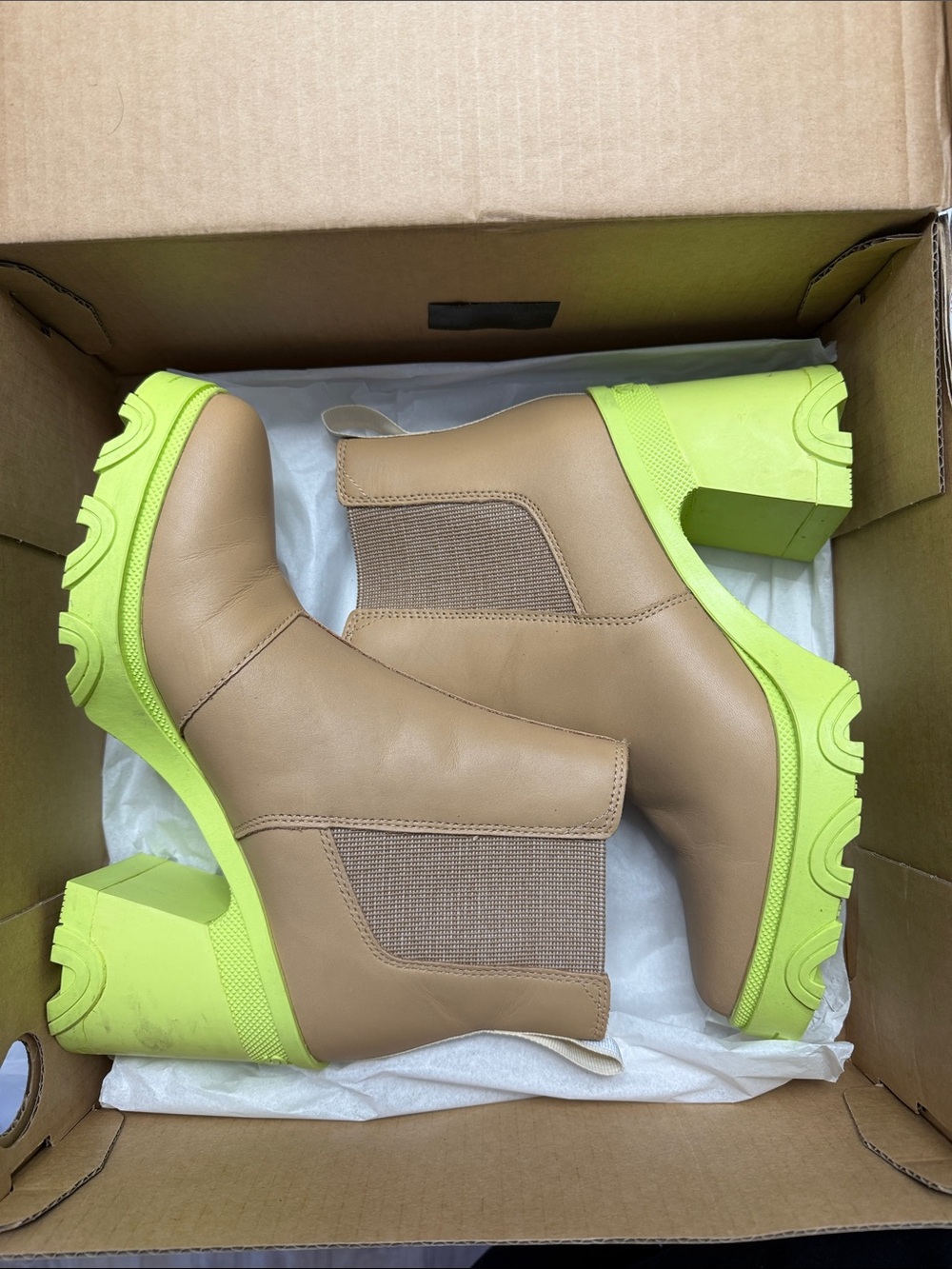 Tan Sorel Chelsea Boots with Neon Platform Sole